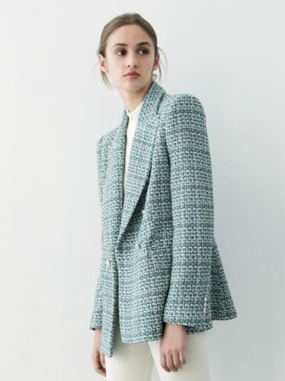 Zara Blue and Green Tweed Double Breasted Blazer XS